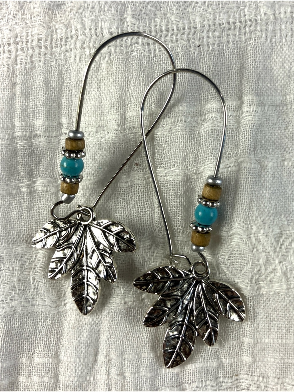 Handmade Silver Leaf Earrings with Turquoise Beads - Women Jewelry